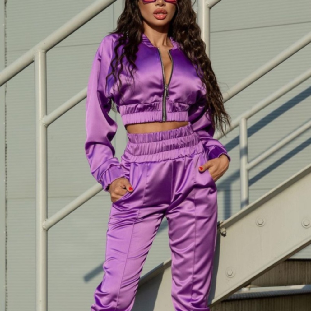 Satin two piece jogger set purple